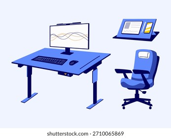 An illustration showcasing a modern ergonomic workstation, featuring a computer setup with monitor, keyboard, and mouse on an adjustable desk, complemented by a comfortable office chair and a