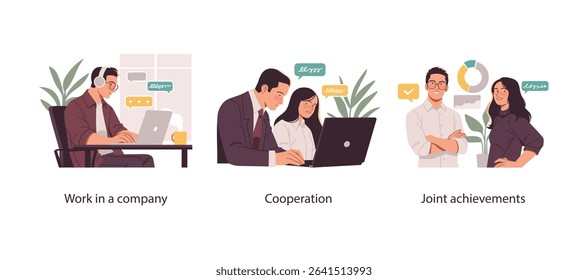 Illustration showcasing modern office work, team cooperation on laptops, and business colleagues celebrating shared professional achievements.