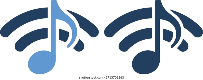 Una ilustración que muestra notas musicales entrelazadas con iconos de Wi-Fi en un degradado de tonos azules, sobre un fondo blanco limpio y nítido, destacando una mezcla de música y tecnología.