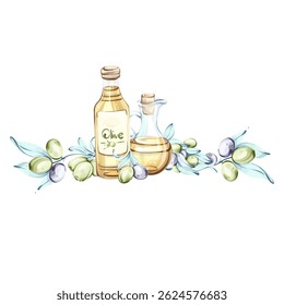 Illustration showcasing olives and olive oil with a touch of Italian cuisine in watercolor technique frame, border, arrangement