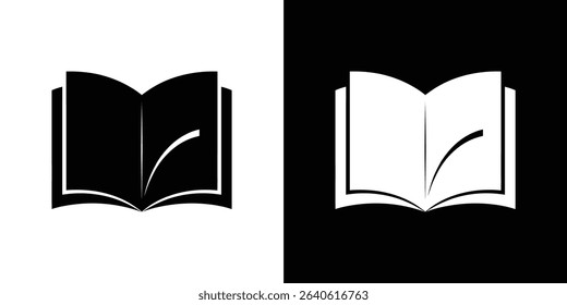Illustration showcasing an open book in two contrasting styles a black book on a white background and a white book on a black background, both with curved pages.