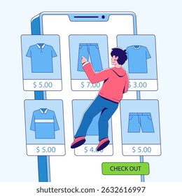 An illustration showcasing a person in an online apparel store. A modern digital environment for shopping and fashion.