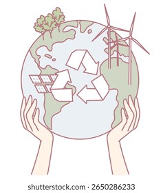 An illustration showcasing and representing sustainable practices, renewable energy usage, and global care efforts