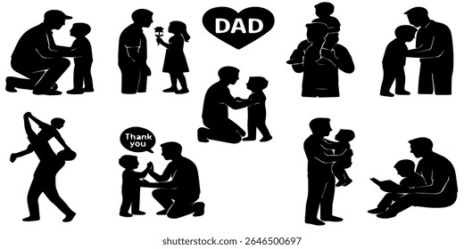 Illustration showcasing silhouette scenes of fathers engaging in tender moments with their children, depicting love, care, and family connections through diverse interactions and heartwarming gestures
