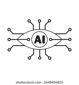 Ilustração mostrando uma representação estilizada da inteligência artificial através de design minimalista, apresentando um padrão de olhos integrado com circuitos e o acrônimo AI dentro da arte.