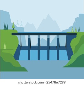 Illustration showcasing sustainable hydropower with eco-friendly dam, renewable energy, and clean power.