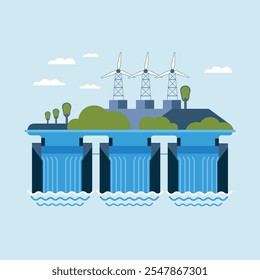 Illustration showcasing sustainable hydropower with eco-friendly dam, renewable energy, and clean power.