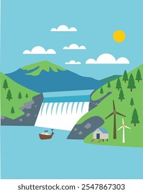 Illustration showcasing sustainable hydropower with eco-friendly dam, renewable energy, and clean power.