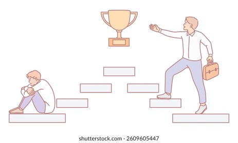 An illustration showcasing the themes of ambition, struggle, and the journey towards success through climbing steps