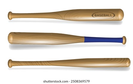 An illustration of showcasing three perspectives of a wooden baseball bat. The bat is primarily natural wood color, with one design featuring a blue grip. The image provides a detailed view
