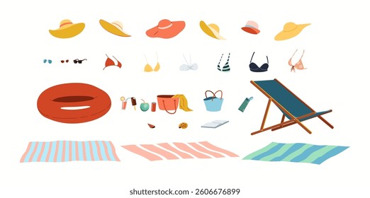 Illustration showcasing various beach items including hats, swimwear, sunglasses, and accessories like chairs and bags, ideal for summer vacations.