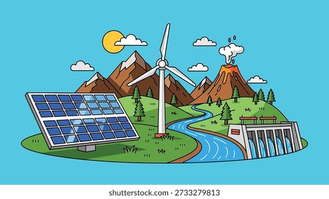 Uma ilustração mostrando várias fontes de energia renovável, incluindo painéis solares, uma turbina eólica e uma barragem hidrelétrica em uma paisagem natural.