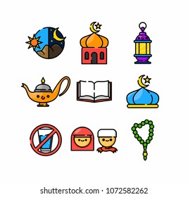Illustration showcasing vibrant Islamic iconography including lanterns, mosques, holy Quran, prayer beads, and cultural elements. Perfect for religious themes, celebrations, and educational purposes.