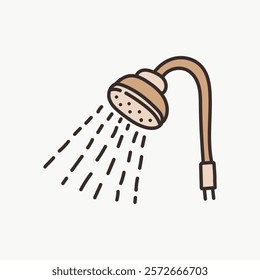 Illustration of a showerhead with water droplets. Simple showerhead design, water flowing. Showerhead and water in a minimalist style. Doodle vector illustration isolated on white.