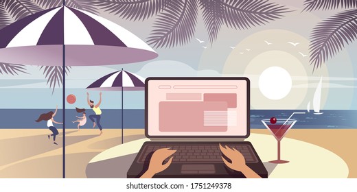 Illustration showing the advantage of remote work and our ability to travel and learn anywhere. Vector layout for landing page or flat design advertising banner.