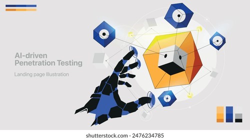 Ilustración que muestra algoritmos de IA que analizan una red e identifican vulnerabilidades, representadas por puntos brillantes o grietas en un mapa digital. Colores brillantes, amarillo y azul, Ciberseguridad, Web