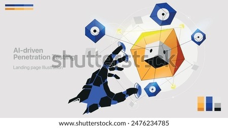 An illustration showing AI algorithms analyzing a network and identifying vulnerabilities, represented by glowing points or cracks on a digital map. bright colors, yellow and blue, Cybersecurity, web