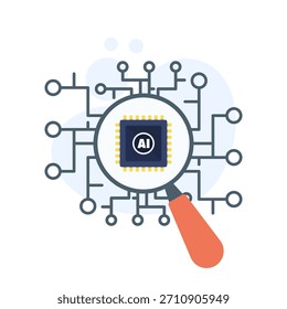 Ilustración que muestra el aprendizaje automático de IA con Elementos de búsqueda y análisis, que representan el procesamiento de datos, la automatización inteligente y los sistemas de inteligencia artificial.
