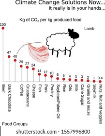 Illustration showing the amount of kg CO2 equivalents it takes to produce one kg of food in some major food groups from agriculture, fish or shrimp farming compared to Lamb
