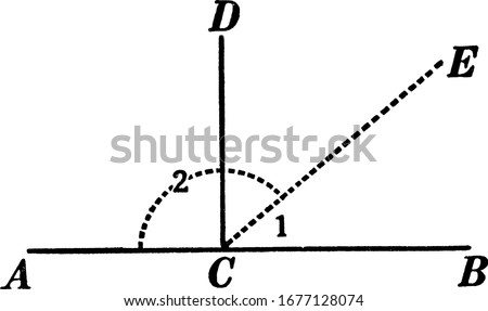 An illustration showing angles 1 and 2 are supplementary and angles ACD and DCB are supplementary. Also, Angles ACD and DCB are right angles, vintage line drawing or engraving illustration.