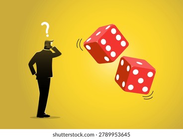 An illustration showing the back view of a confused businessman scratching his head with a floating question mark above him, looking at two rolling red dice