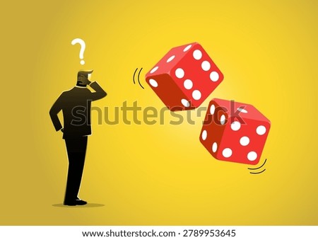 An illustration showing the back view of a confused businessman scratching his head with a floating question mark above him, looking at two rolling red dice