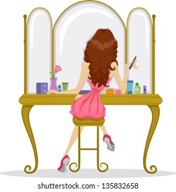 Illustration showing the Back View of a Prom Queen in Front of a Bureau Mirror