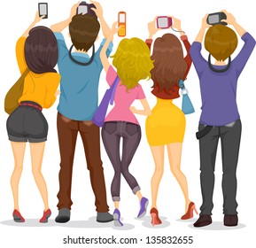 Illustration showing Back View of Teenagers Taking Pictures with their Cameras