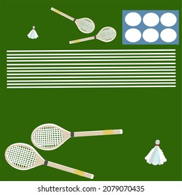 An illustration showing a badminton court, rackets, shuttlecock, net and flood light.  