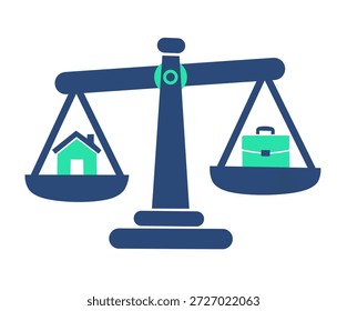 An illustration showing a balance scale comparing a house and a briefcase, designed with a blue and green color palette, representing work life balance, personal priorities, decision making	