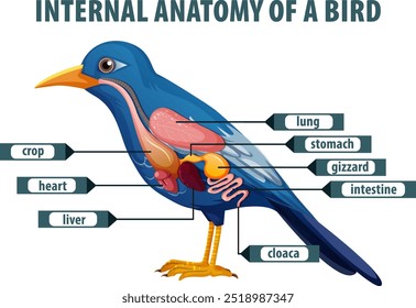 Ilustración que muestra los órganos internos y la anatomía del ave