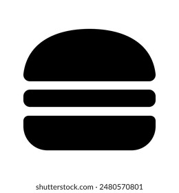 Illustration showing a black burger icon on a white background. Fast food