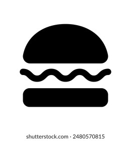 Illustration showing a black burger icon on a white background. Fast food