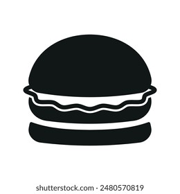 Illustration showing a black burger icon on a white background. Fast food