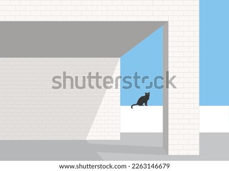 Illustration showing a black cat sitting on a wall, in the middle of modern architecture.