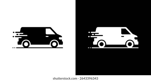 Ilustração mostrando um ícone de van de entrega preto em um plano de fundo branco e um ícone de van branco em um plano de fundo preto, ambos indicando movimento rápido. 151 caracteres.
