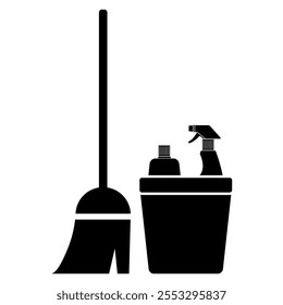 Illustration showing a black icon of cleaning products on a white background