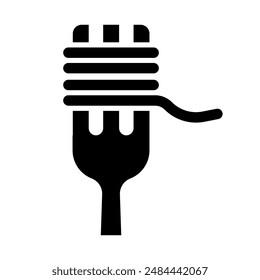 Illustration showing a black icon of a fork with spaghetti on a white background