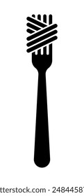 Illustration showing a black icon of a fork with spaghetti on a white background