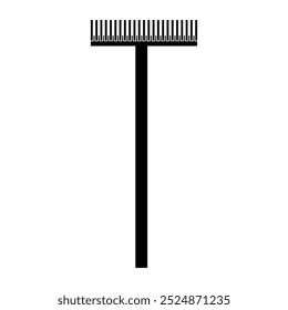 
Illustration showing a black icon of a rake, for gardening, on a white background