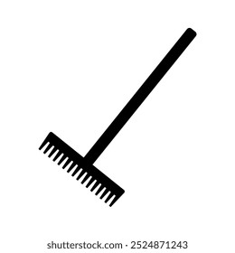 
Illustration showing a black icon of a rake, for gardening, on a white background