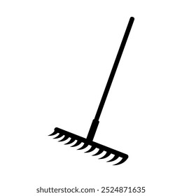 Illustration showing a black icon of a rake, for gardening, on a white background