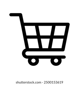Illustration showing a black icon of a shopping cart from a market on a white background