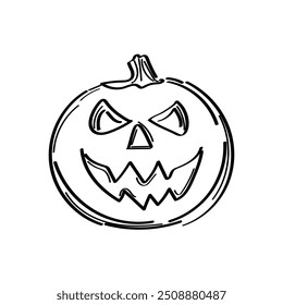 Una ilustración que muestra un icono negro de calabaza de miedo sobre un fondo blanco. Para Halloween