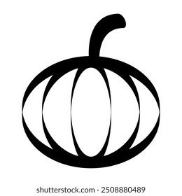 Una ilustración que muestra un icono negro de calabaza de miedo sobre un fondo blanco. Para Halloween