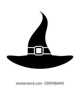 
An illustration showing a black witch hat icon on a white background. Halloween holiday