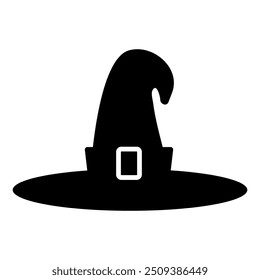 
An illustration showing a black witch hat icon on a white background. Halloween holiday