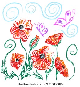 Illustration showing blooming poppies and butterflies flying over them. Vector illustration