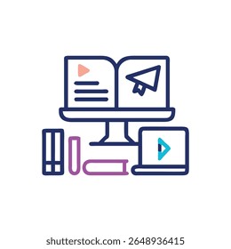 Illustration showing books and devices for digital learning in vector graphic style. Flat composition and modern artistic design.