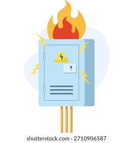 Ilustração mostrando um painel elétrico em chamas e um quadro de distribuição quebrado, representando condições perigosas de alta tensão, falhas elétricas e alertas de segurança de emergência.